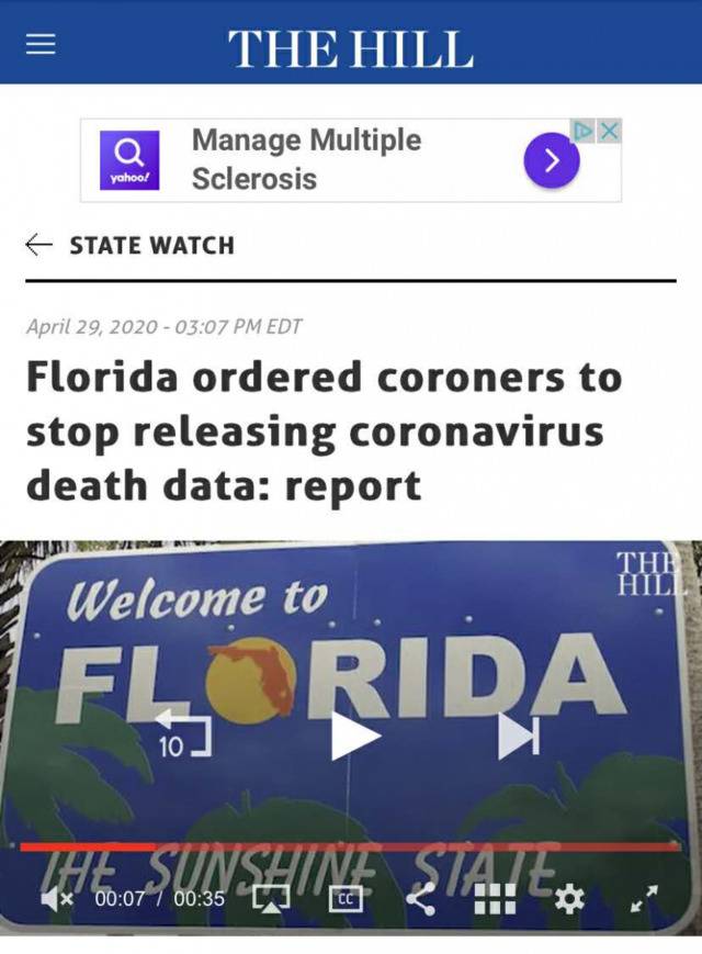 △《国会山报》4月29日报道，佛罗里达州要求停止公布新冠肺炎死亡数据