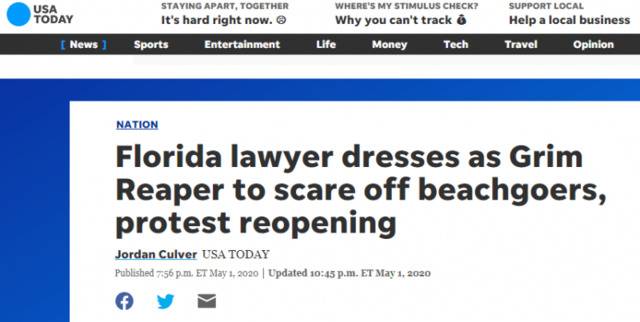 抗议重新开放过早，美国佛州一律师扮“死神”现身海滩望吓跑游人