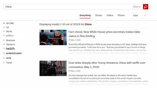图源：CNN新闻“中国”关键词检索结果
