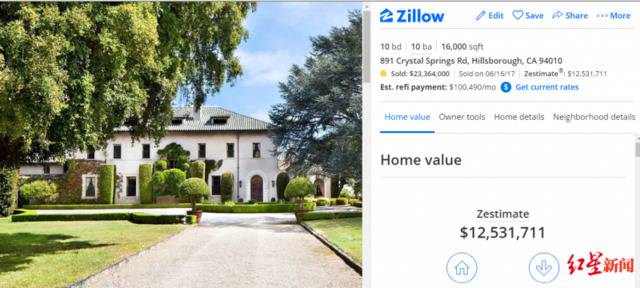 ▲据知名房产经纪网Zillow估计这座宅邸目前的价值为1.253亿美元。