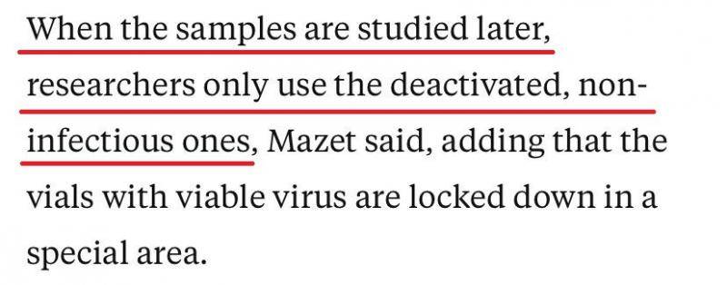 △马泽特说，在对样本进行研究时，研究人员仅使用灭活的、不具有传染性的样本。
