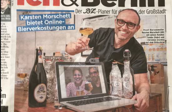 精酿啤酒师卡斯滕·莫谢特与客人“云喝啤酒”的照片登上当地报纸。图片来自酒吧网站