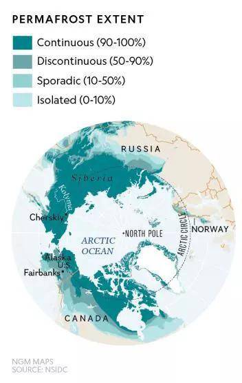 图为永久冻土层在北半球的分布范围。图源：美国国家雪冰数据中心