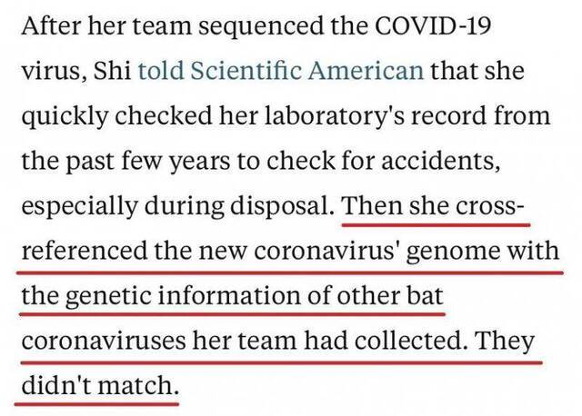 △流行病学专家乔娜·马泽特表示，她的同事将新冠病毒的基因组与此前团队收集到的其他蝙蝠身上的病毒的遗传信息进行了对比，随后发现它们不匹配。