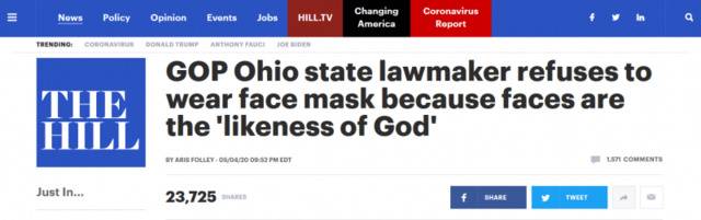 美议员为不戴口罩“找理由”：脸是按上帝形象创造的