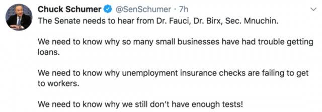 舒默在社交媒体推特上发文称，“参议院需要听一听福奇、比尔克斯和姆努钦的意见”。/推特截图