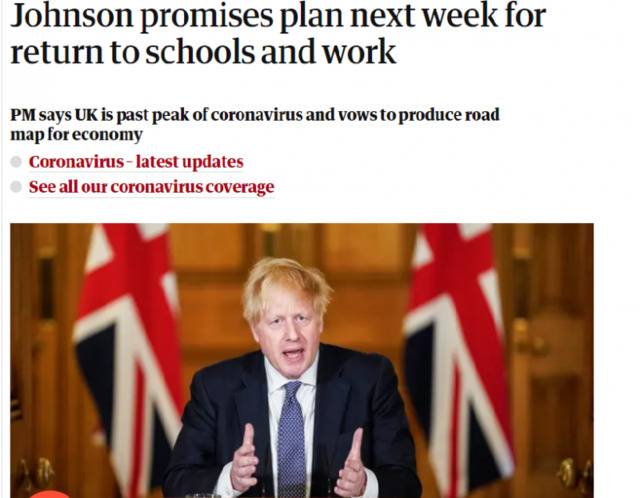 图：4月30日英国《卫报》文章：约翰逊承诺下周计划复学复工的解封措施