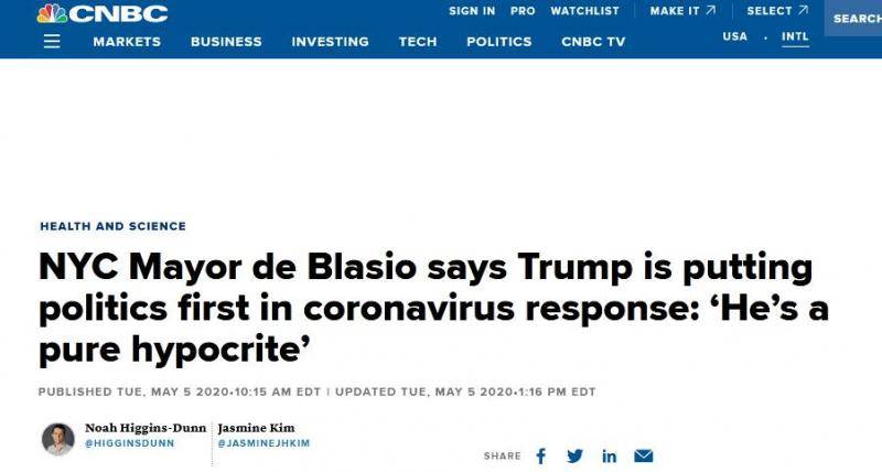  CNBC报道截图：纽约市长白思豪称特朗普在抗疫时将党派偏见置于首位：他就是一个纯粹的伪君子