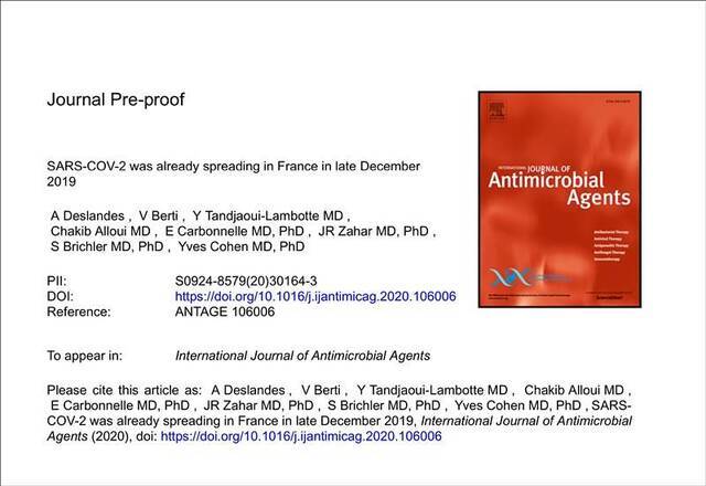 《新冠病毒2019年12月底已在法国传播》论文首页