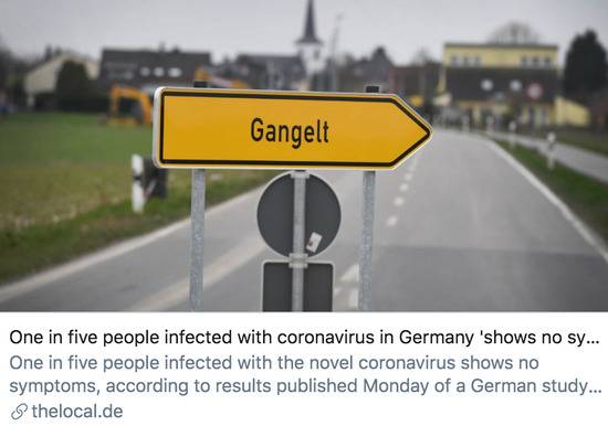 德国五分之一的新冠病毒感染者没有出现相关症状。/ The Local Germany报道截图