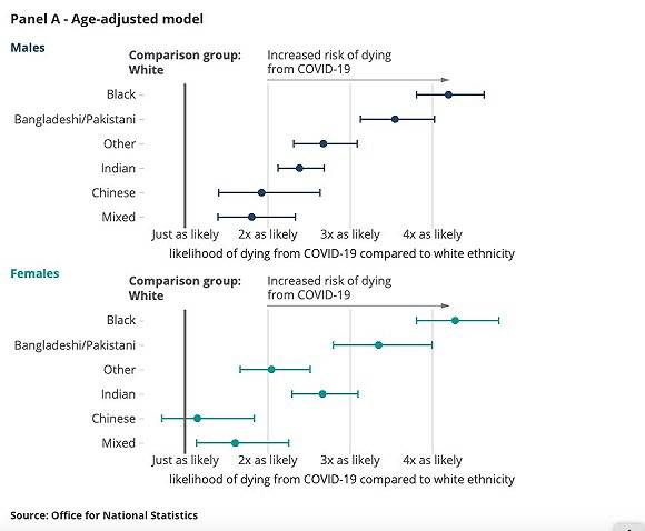 仅考虑年龄情况下各种族于白人死亡概率差异。图片来源：英国国家统计署