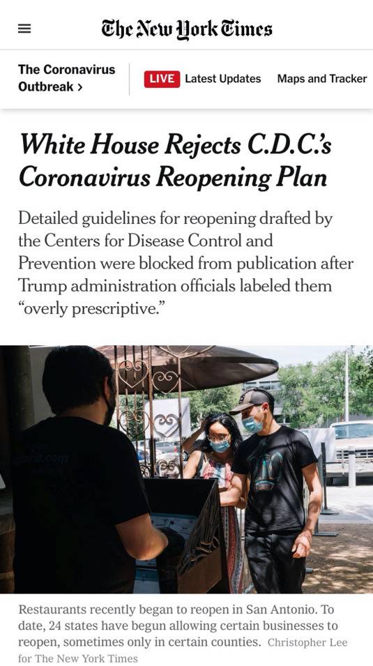 《纽约时报》报道，特朗普对CDC的重启防疫指导采取了拒绝态度