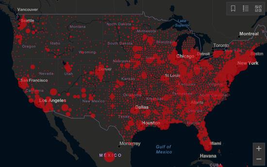 美国疫情地图来源：约翰斯·霍普金斯大学