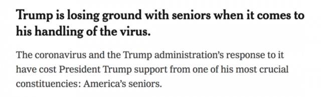 在疫情应对的问题上，特朗普正在失去老年群体的支持。/《纽约时报》网站截图