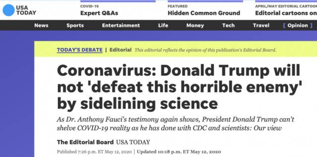 △《今日美国》网站12日发表文章《特朗普不可能靠排挤科学来“打败这个可怕的敌人”》