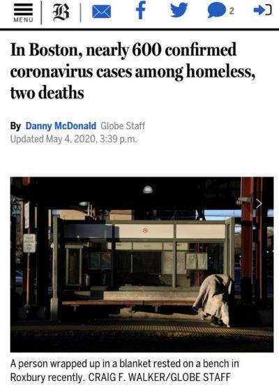 △《波士顿环球报》5月4日报道，近600名无家可归者确诊感染新冠肺炎