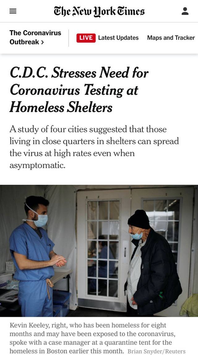 △《纽约时报》报道指出，无症状传播正在造成无家可归者大面积群体感染事件