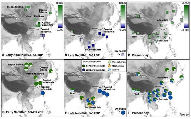 表明现今东亚人群混合有新石器时代早期的古南方人群成分和古北方人群成分情况。（A-C）新石器时代早期、新石器时代晚期及现今东亚和东南亚人群与东亚南北方古人群之间的