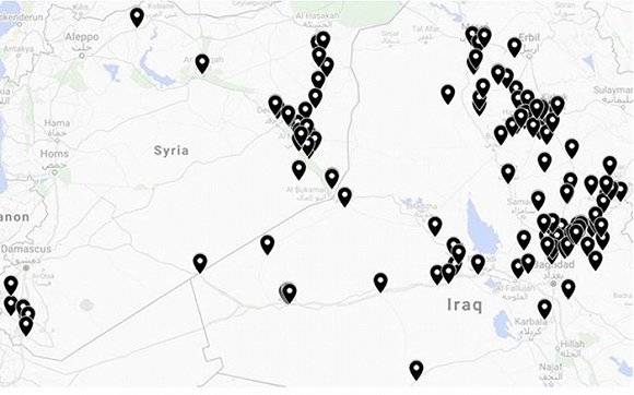 黑点为ISIS发动袭击的地区，截至4月。图片来源：Twitter