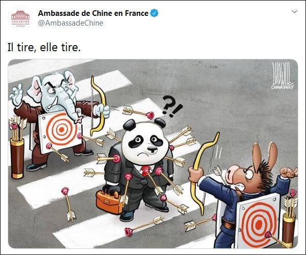 中国驻法大使馆推特发布漫画：特朗普为啥逃跑？