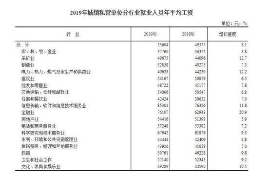 2019年城镇私营单位分行业就业人员年平均工资