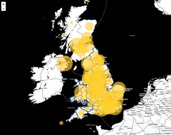 截至5月17日的英国新冠疫情分布情况。图/COVID-19实时观测网