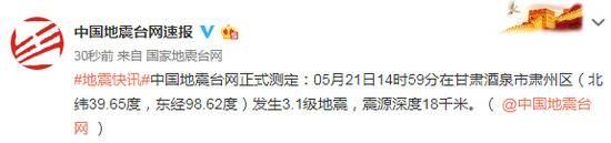 甘肃酒泉市肃州区发生3.1级地震 震源深度18千米