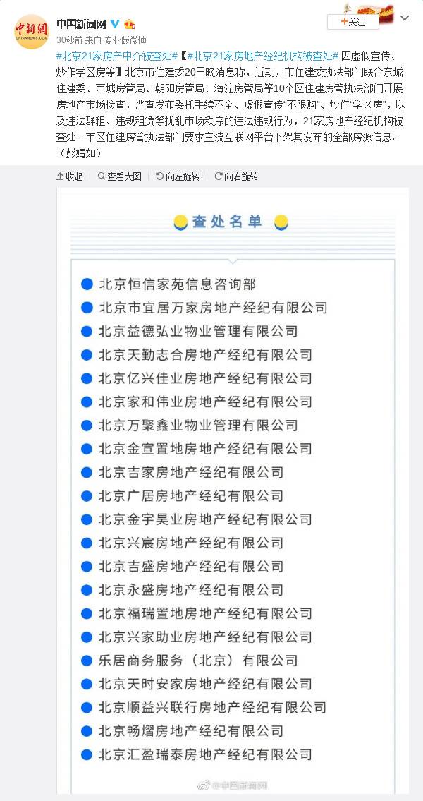 北京21家房地产经纪机构被查处 因炒作学区房等