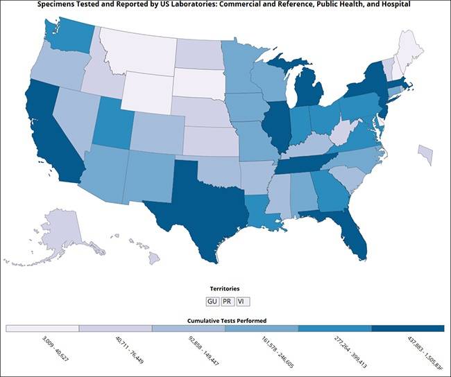 美国检测分布地图，美国疾控中心官网截图