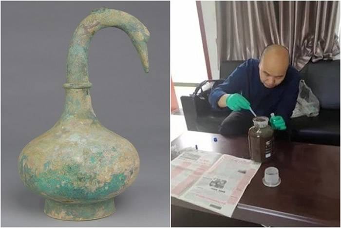 河南出土2200年前西汉初期“鹅首曲颈青铜壶”装3000ml不明液体