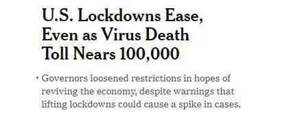 美媒:美国新冠死亡病例迫近10万 各州却放缓防疫措施