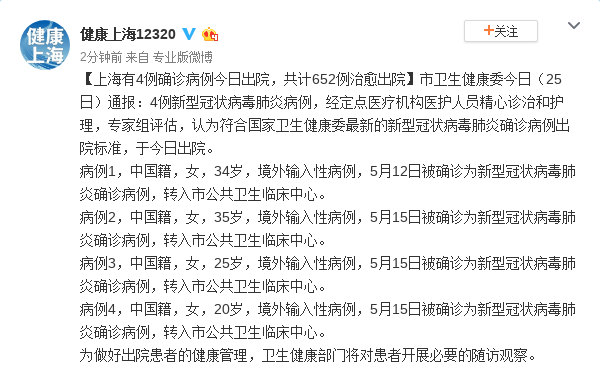 上海有4例确诊病例今日出院 共计652例治愈出院