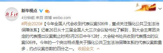 今年全国人代会收到代表议案506件，重点关注强化公共卫生法治保障体系