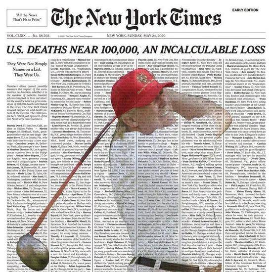 美国网友将特朗普打高尔夫的照片与《纽约时报》的新冠死者信息版面做了合成，以此讽刺特朗普。/推特