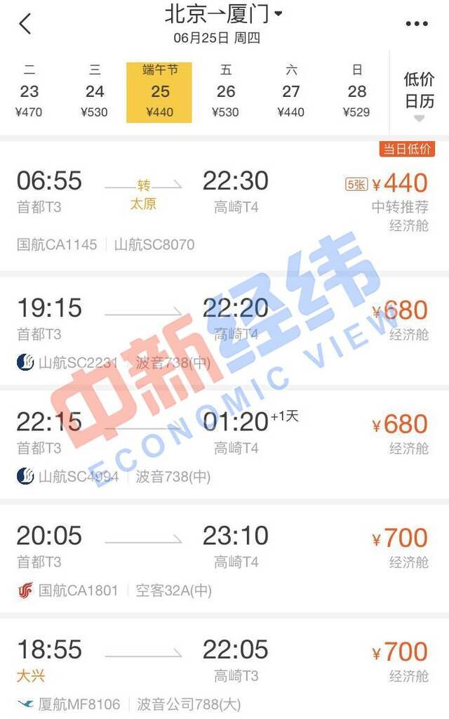 来源：第三方机票网购平台截图
