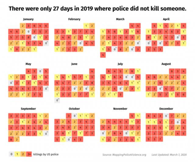 2019年，美国警察致人死亡的时间图。/“警察暴力执法地图”网站截图