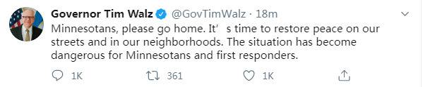 骚乱持续4天！州长发推：明尼苏达的人们请回家吧 让街道恢复和平