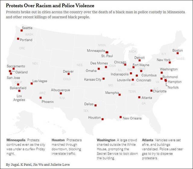 发生抗议活动的城市图源：《纽约时报》