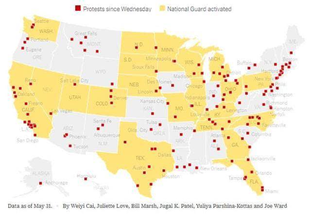 美国至少140个城市爆发抗议活动，21个州启动国民警卫队