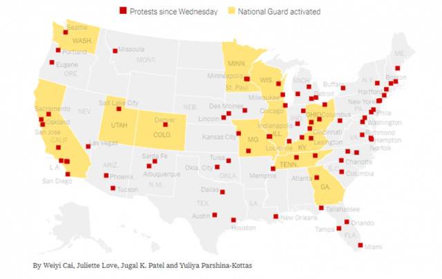 抗议活动蔓延美国70多个城市。图源：纽约时报