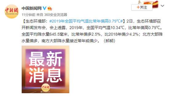 生态环境部：2019年全国平均气温比常年偏高0.79℃