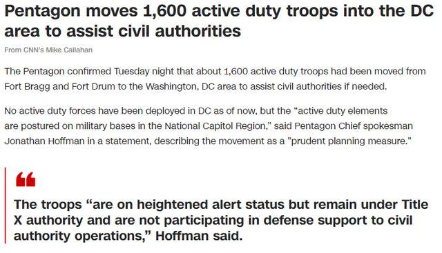 “高度戒备！”美媒称已有1600名美军在华盛顿特区附近地区集结
