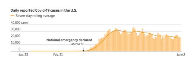 美国每日新增确诊病例曲线图。/《华尔街日报》网站截图