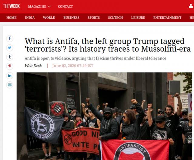 美国总统特朗普5月31日在推特上表示，美国将把“反法西斯主义运动”（Antifa）列为恐怖组织。图为一家国际网站介绍该组织的截图。