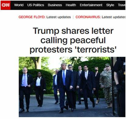 特朗普所分享信件将抗议者描述为“恐怖分子”