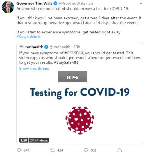 明尼苏达州州长蒂姆·沃尔兹推特截图