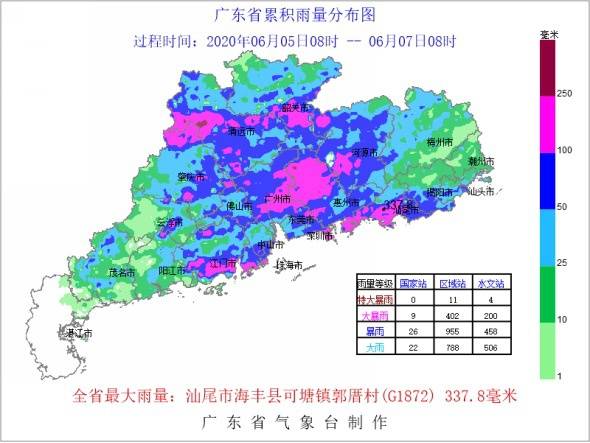 6月5日8时-7日8时广东雨量分布图。图片来自广东省气象局