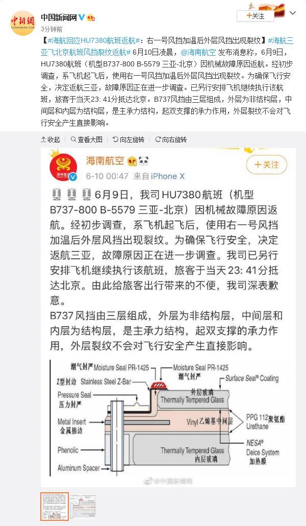 海航回应航班返航：右一号风挡加温后外层风挡现裂纹