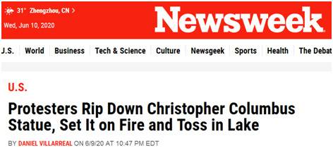 又倒一座！美国示威者拆除哥伦布雕像：纵火并扔湖中