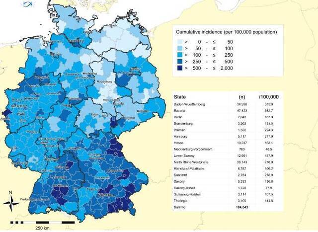 德国累计病例分布图表来源：罗伯特·科赫研究所